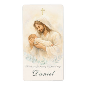 Jesus håller spädbarn Dop Returadressetikett Fraktsedel