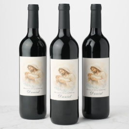 Jesus håller spädbarn Dop Tack Vinklabel Vinflaska Etikett