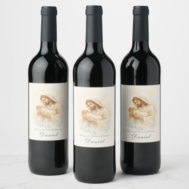 Jesus håller spädbarn Dop Tack Vinklabel Vinflaska Etikett (Flaskor)