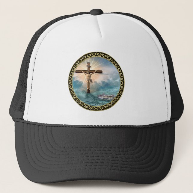Jesus hängande från ett kristet korsfästelsekors. keps (Framsida)