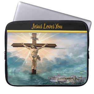 Jesus hängande från ett kristet korsfästelsekors laptop fodral