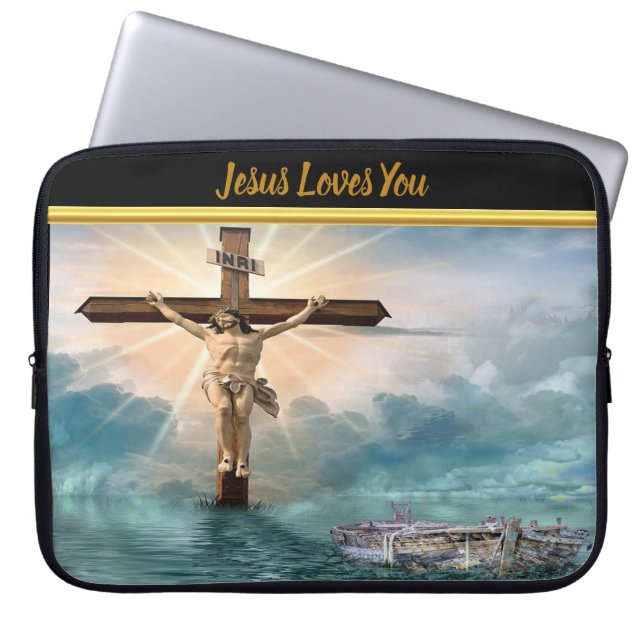 Jesus hängande från ett kristet korsfästelsekors laptop fodral (Framsidan)