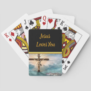Jesus hänger från en kristen krucifixion kor casinokort