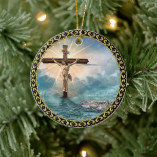 Jesus hänger från en kristen kryssning kor. julgransprydnad keramik