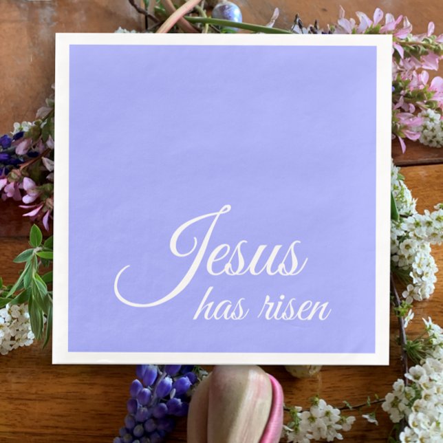 Jesus har kommit på Bluebell Lila Christian Påsk Pappersservett (Jesus has risen Christian religious Easter napkins. Bluebell purple custom modern script faith decor)