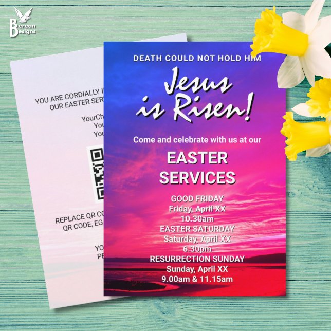 JESUS HAR STIGIT UPP Påskens kyrkogudstjänster Inbjudningar (Vibrant JESUS IS RISEN invitation for Easter Church Services. All text is customizable. )