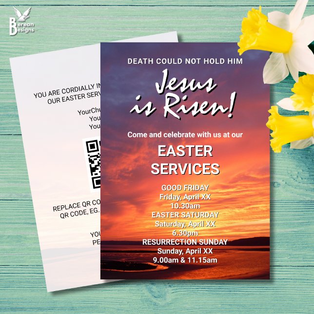 JESUS HAR UPPSTÅTT Specialbeställda KYRKOTJÄNSTER  Inbjudningar (JESUS IS RISEN Easter invitation for church services. All text customizable. Ideal for Christians.)
