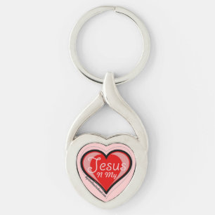 Jesus Heart Twisted Heart Silverfärgad Nyckelring