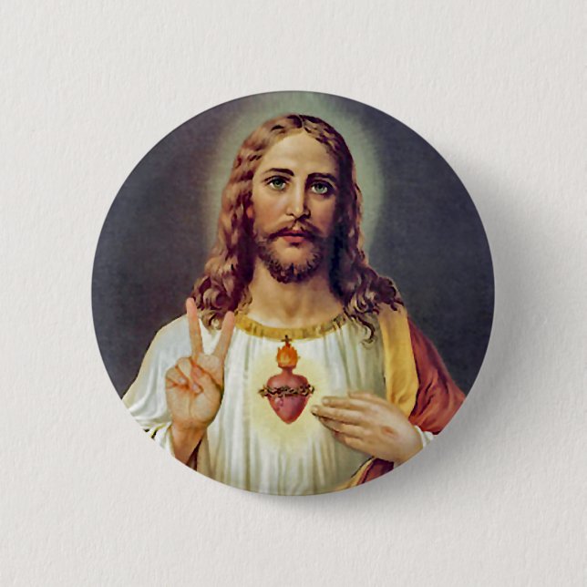 Jesus Heliga Hjärta Fredstecken Porträtt Knapp (Framsida)
