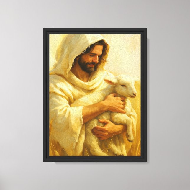 Jesus Herde hållande lamm Konst Canvastryck (Framsida)