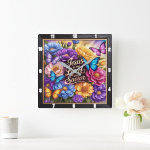 Jesus Herren Savior Flowers Fyrkantig Klocka
