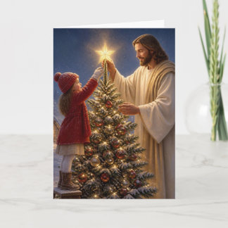 Jesus Hjälper Liten Flicka Att Dekorera Julgran Helgkort