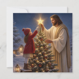 Jesus Hjälper Liten Flicka Att Dekorera Julgran Julkort