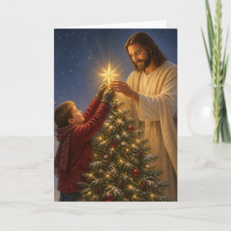 Jesus Hjälper Pojken Att Dekorera Julgranen Helgkort