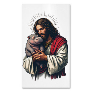 Jesus Holding a Baby Moo Deng Hippo Magnetiska Visitkort