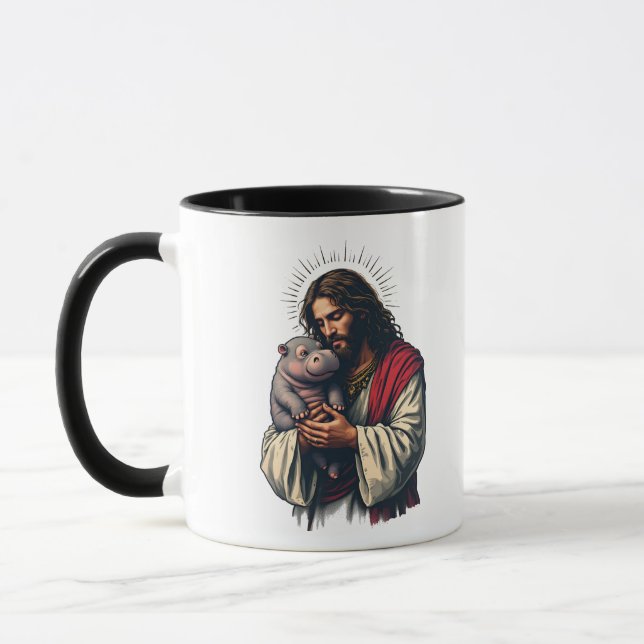 Jesus Holding a Baby Moo Deng Hippo Mugg (Vänster)
