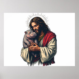 Jesus Holding a Baby Moo Deng Hippo Poster