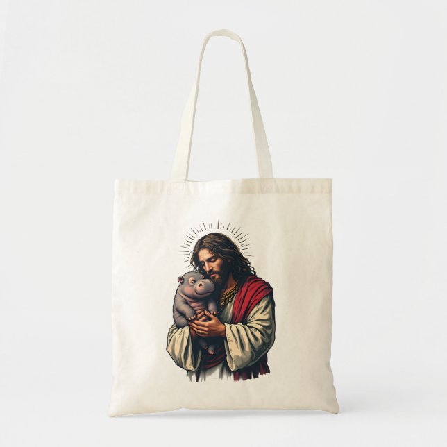 Jesus Holding a Baby Moo Deng Hippo Tygkasse (Framsidan)