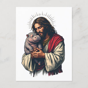 Jesus Holding a Baby Moo Deng Hippo Vykort