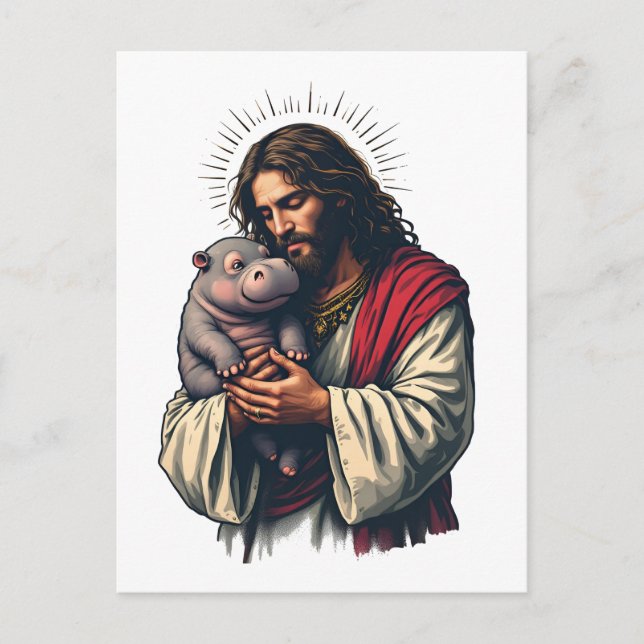 Jesus Holding a Baby Moo Deng Hippo Vykort (Framsida)