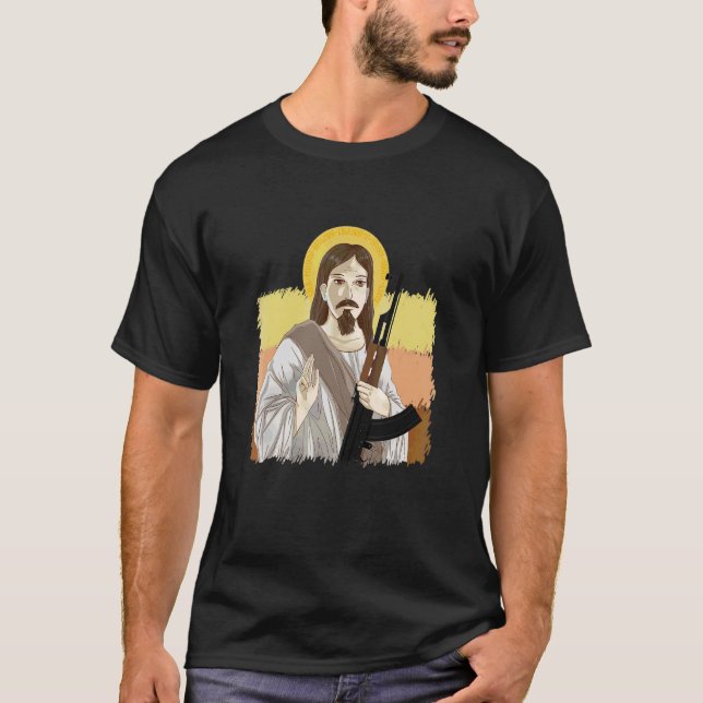 Jesus Holding Ak 47 Gun Metall Farligt Ak 47 T Shirt (Framsida)