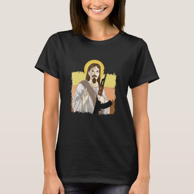 Jesus Holding Ak 47 Gun Metall Farligt Ak 47 T Shirt (Framsida)