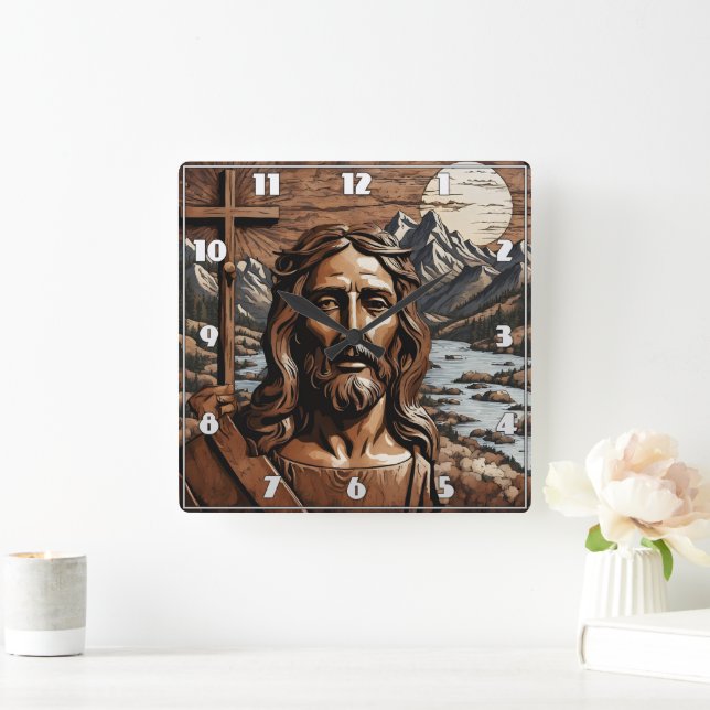 Jesus Holding Kor efter bergsfloden vid Sunset Fyrkantig Klocka (Hem)