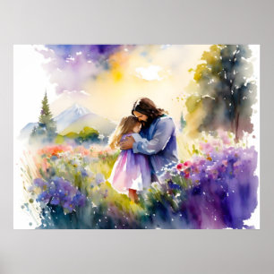 Jesus Hugger en flicka i Blomsterträdgården Poster