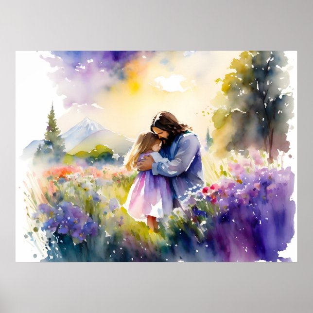 Jesus Hugger en flicka i Blomsterträdgården Poster (Framsidan)