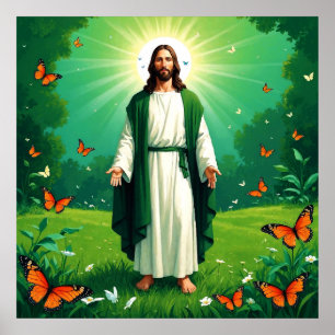 Jesus i en Garden som är omgiven av Butterflies Poster