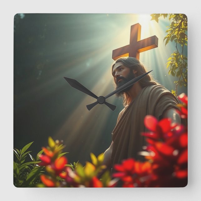 Jesus i Garden Wall Clock Fyrkantig Klocka (Framsida)