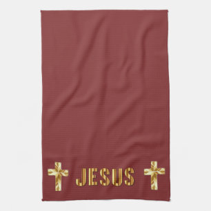 Jesus i Guld på Burgundy Kitchen Towels Kökshandduk
