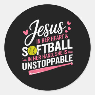 Jesus i hennes hjärta och softball i hennes hand S Runt Klistermärke