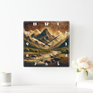 Jesus i Majestic Mountain Landscape med floden Fyrkantig Klocka