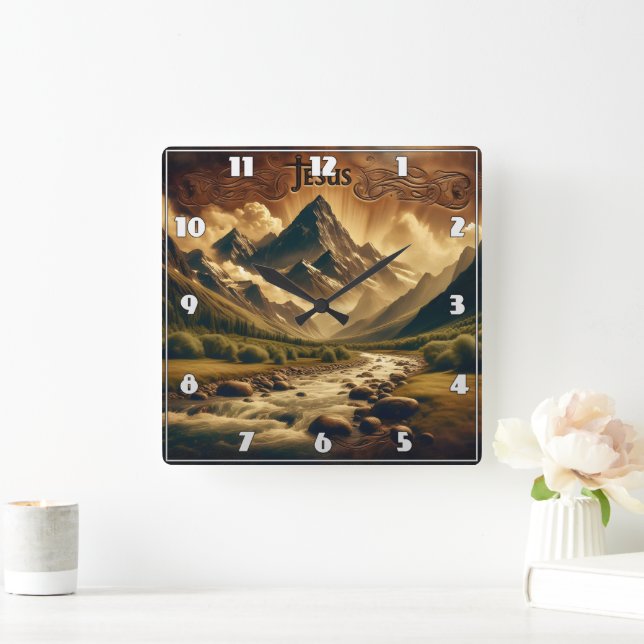 Jesus i Majestic Mountain Landscape med floden Fyrkantig Klocka (Hem)