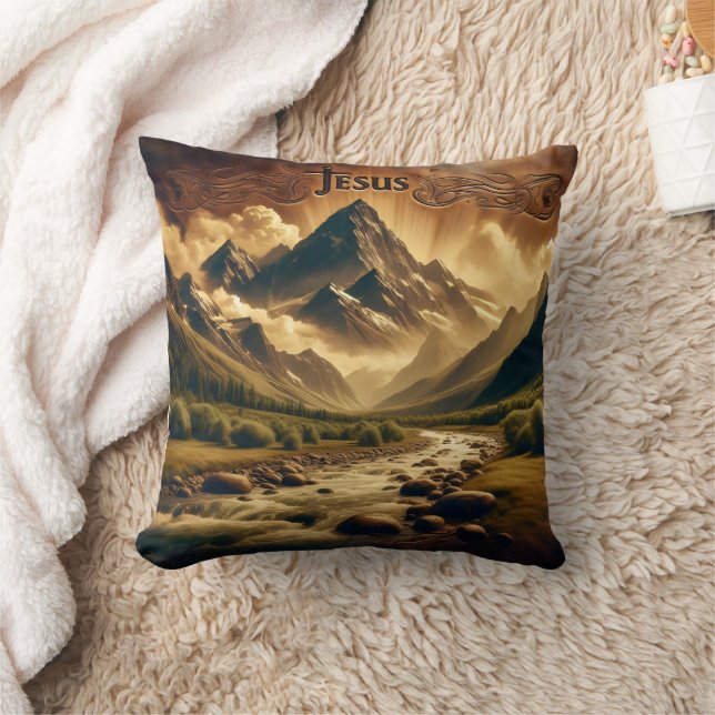 Jesus i Majestic Mountain Landscape med floden Kudde (Filt)