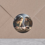 Jesus i Manger Runt Klistermärke<br><div class="desc">Mary,  Joseph och baby Jesus i den stora religiösans julklistermärken.</div>