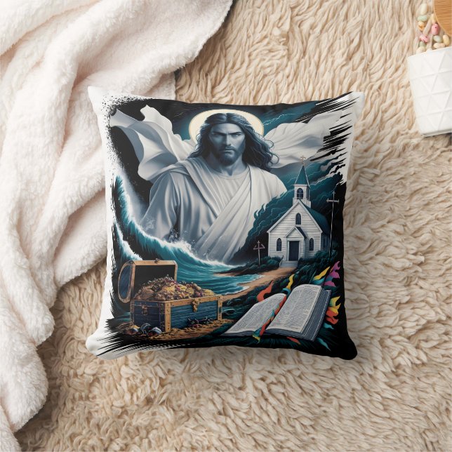 Jesus i vågar och skatt nära en kyrka kudde (Filt)