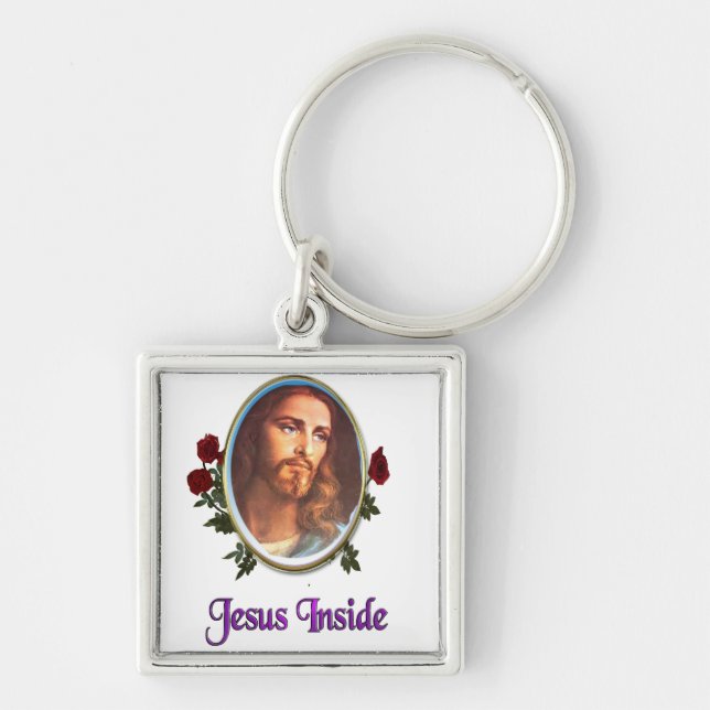 Jesus inuti fyrkantig silverfärgad nyckelring (Framsidan)
