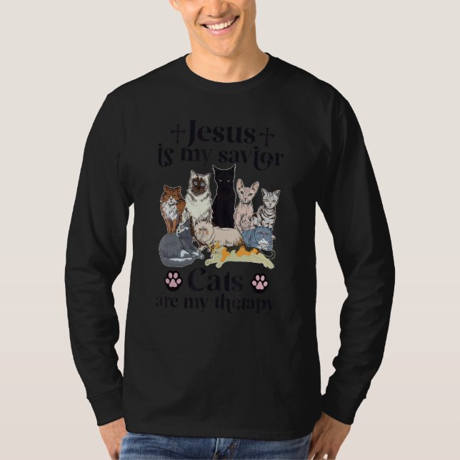 Jesus Is My Savior Cats Are My Therapy T Shirt (Framsida)