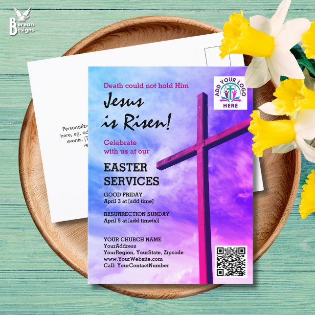 JESUS IS RISEN Logo QR Code Church Services EASTER Inbjudan Vykort (EASTER Postcard Invitation for your church services. Customizable text with logo and QR code)