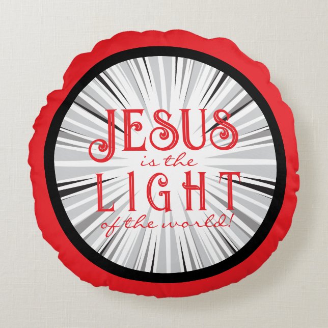 Jesus is the Light Ornament- Red/Black Rund Kudde (Framsidan)