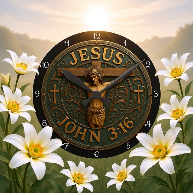 Jesus Johannes 3:16 Metalliskt Kors Rund Klocka (Skapare uppladdad)