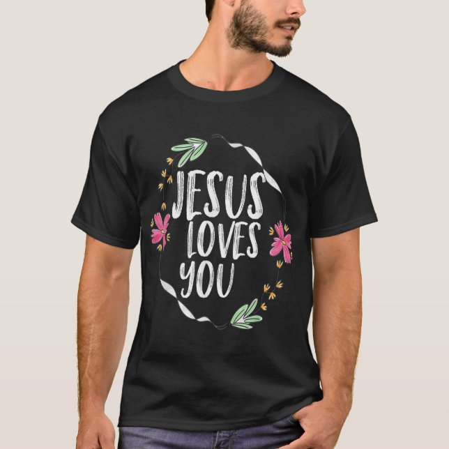 Jesus kärlek dig med ram-grafik med rundblomma t shirt (Framsida)