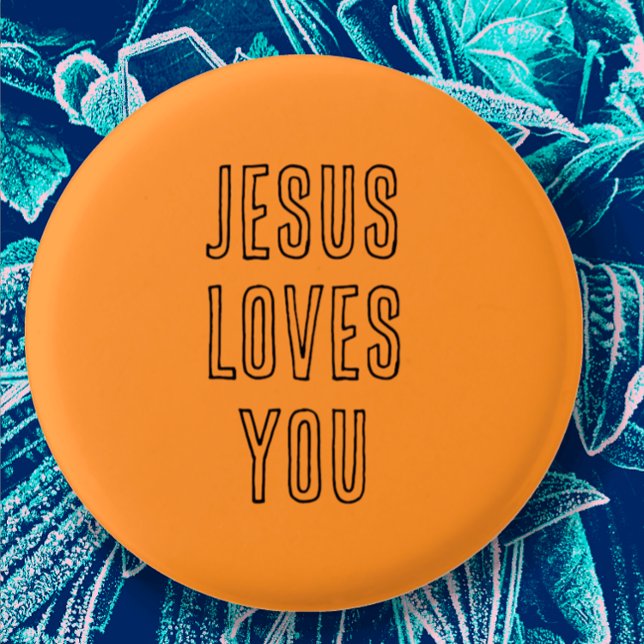 Jesus Kärlek Du anpassar Orange och svart modern Knapp (Cute orange button with black modern script says "Jesus loves You" great Christian faith church gift)