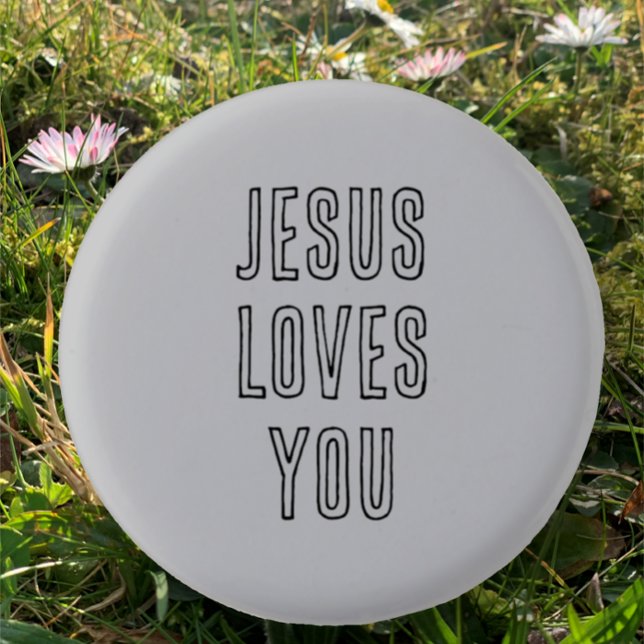 Jesus Kärlek Du Anpassningsbar Grått och Black Chr Knapp (Customize this Christian Faith quote "Jesus Loves You" pin on button.  Modern black script on grey.)