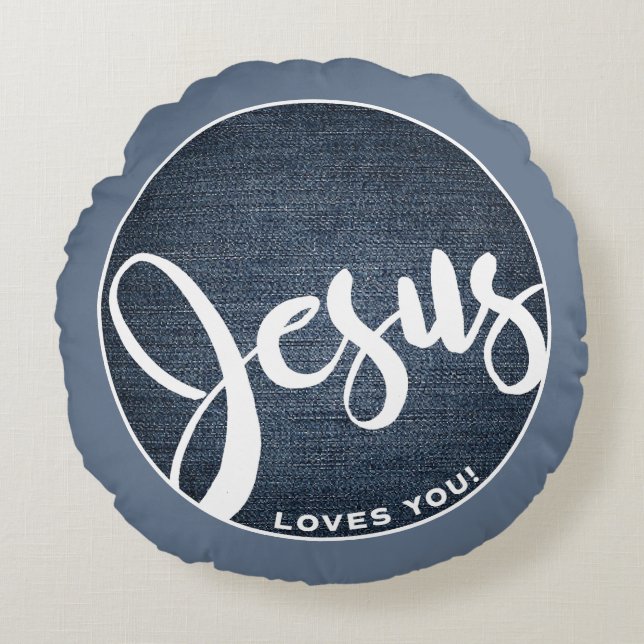 Jesus Kärlek Du Denim Circle Rund Kudde (Framsidan)