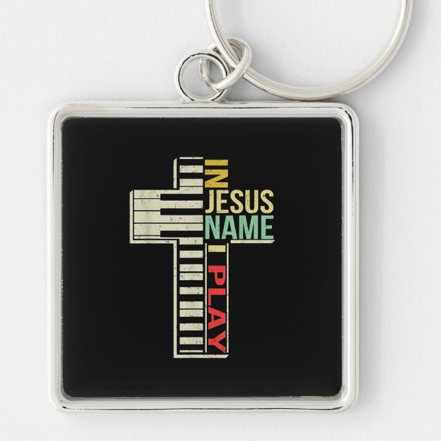 Jesus Kärlek | I Jesus Namn I spelar Piano Christi Fyrkantig Silverfärgad Nyckelring (Framsidan)