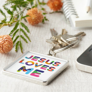 Jesus Kärlek Me Colorful Text Art Fyrkantig Silverfärgad Nyckelring