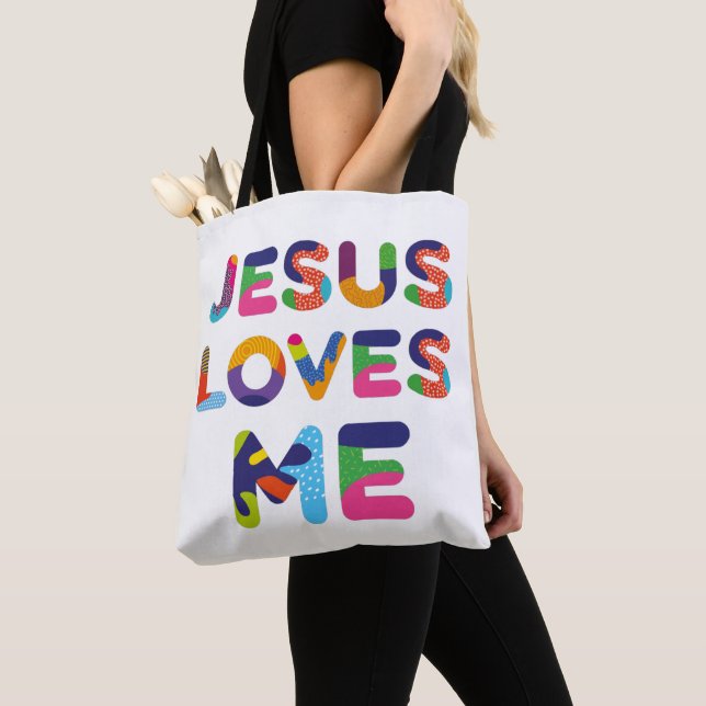 Jesus Kärlek mig och du färgade textkonst Tygkasse (Närbild)